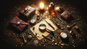 Table en bois avec loupe, vieilles clés, lettre manuscrite et montre à gousset