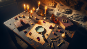 Table en bois avec indices d'enquête, loupe, clés anciennes et bougies dans une pièce en pierre.