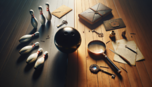 Table divisée montrant une boule de bowling et des accessoires d'enquête avec loupe et indices