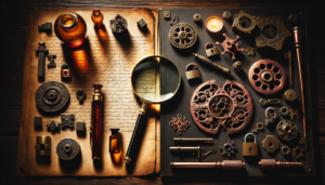 Table divisée montrant des accessoires d'enquête criminelle d'un côté et des mécanismes de puzzle de l'autre