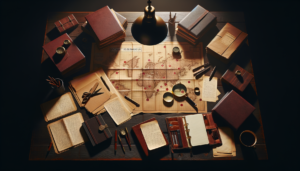 Table de préparation avec carte annotée, fiches d'indices, loupe et carnet ouvert