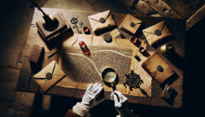 Table d'enquête avec loupe, carte ancienne, enveloppes cachetées et indices disposés sur une surface en bois