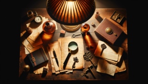 Table d'enquête avec loupe, documents anciens, clé et enveloppe cachetée sous une lampe vintage