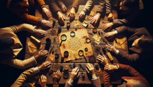 Mains de participants autour d'une table de jeu avec indices et accessoires d'investigation