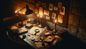 Table d'enquête avec documents épars, loupe et fil rouge sur tableau de liège dans une salle sombre éclairée à la bougie