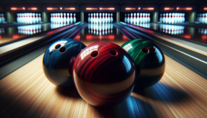 Trois boules de bowling colorées alignées sur une piste en bois vernie avec quilles en arrière-plan flou