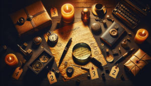 Table with vintage investigation objects including magnifying glass, sealed envelope, pocket watch and handwritten notes under candlelight