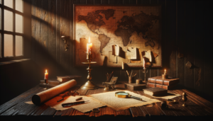 Table d'investigation vintage avec documents, loupe et fils rouges dans une pièce sombre et atmosphérique