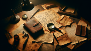 Table d'enquête avec documents épars, loupe et carnet ouvert disposés en séquence d'investigation