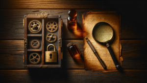 Table présentant un cadenas avec engrenages et une loupe sur documents anciens