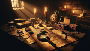Table d'enquête avec documents épars, loupe, montre de poche et boîte verrouillée dans une pièce sombre à l'éclairage tamisé