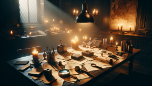 Table d'enquête avec indices, notes manuscrites, loupe et enveloppes dans une pièce sombre à l'éclairage tamisé