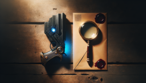 Pistolet laser et loupe ancienne posés côte à côte sur une table en bois