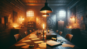 Table de soirée avec notes manuscrites et bougies à gauche, salle d'enquête sombre avec tableau et dossier à droite