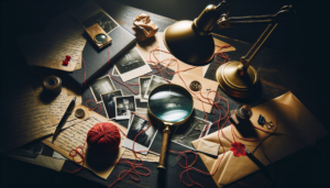 Table d'enquête avec loupe, carnet de notes, photographies et fils rouges reliant des indices