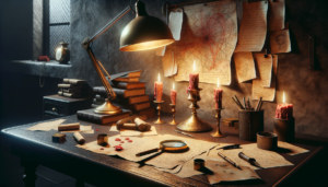 Table d'enquête avec documents anciens, loupe en laiton et cordes rouges dans une pièce sombre
