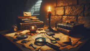Pièce sombre avec table couverte de documents anciens, loupe et bougie, atmosphère d'enquête immersive