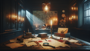 Table d'enquête avec documents épars, fil rouge, loupe et bougie dans une salle sombre à l'ambiance mystérieuse