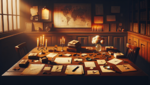 Table d'investigation avec documents et objets représentant différents types de groupes dans une salle sombre