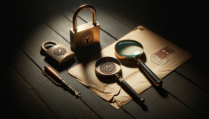 Cadenas vintage, enveloppe cachetée et loupe posés côte à côte sur une table en bois sombre
