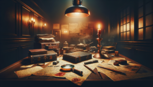Table d'enquête avec documents, loupe et indices dans une salle sombre et immersive