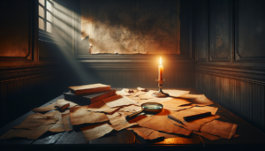 Table ancienne avec documents épars, loupe et carte annotée dans une pièce sombre à l'ambiance d'enquête