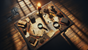 Table ancienne vue de haut avec des notes manuscrites, une loupe, une clé et une bougie dans une pièce sombre