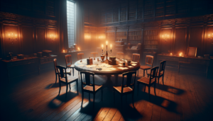 Table ronde entourée de chaises dans une salle sombre avec des indices posés dessus