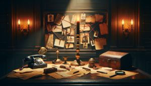 Salle d'enquête immersive avec table couverte d'indices, cordons rouges et éclairage tamisé