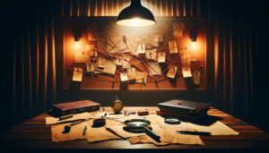 Table d'enquête avec documents, fils rouges et indices dans une salle immersive faiblement éclairée