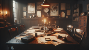 Table d'enquête dans une salle immersive avec documents éparpillés, loupe et chandelier