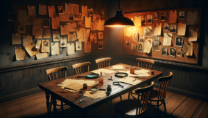 Salle d'enquête immersive avec table et documents éparpillés, éclairage tamisé ambré