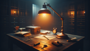Table éclairée d'une lampe vintage avec une enveloppe, une note et une clé ancienne dans une pièce sombre