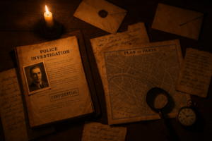 Table d'enquête criminelle avec documents anciens, loupe et notes manuscrites à la lumière d'une bougie
