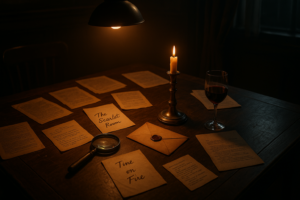 Table d'enquête avec indices, documents anciens et loupe dans une ambiance sombre et immersive